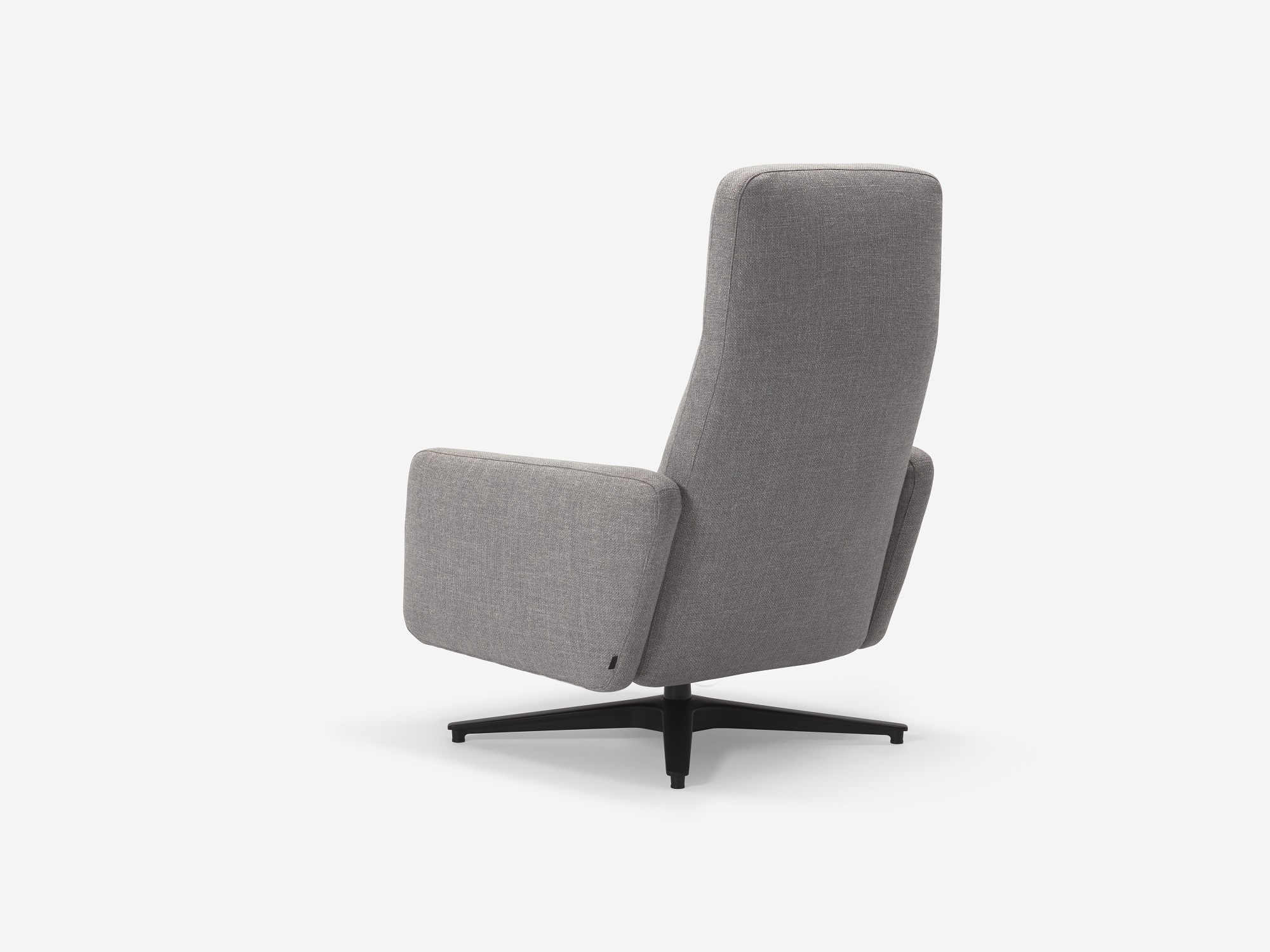 Grey fabric reclining chair back angle view